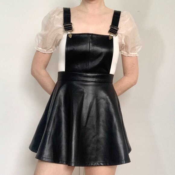Akira Faux Leather Black Overalls Dress Whimsigoth Fairy Vampire Goth Vampire - Picture 1 of 15